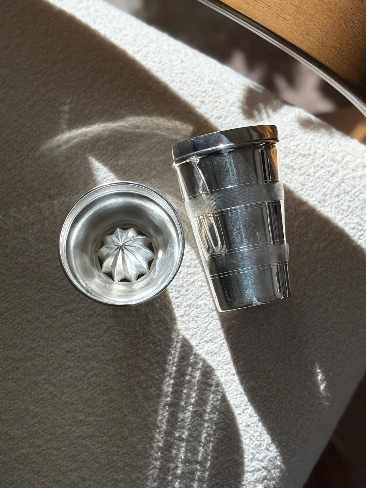 Art Deco Cocktail Shaker with Built In Juice & Engine Turned Banding | Collectors Gene