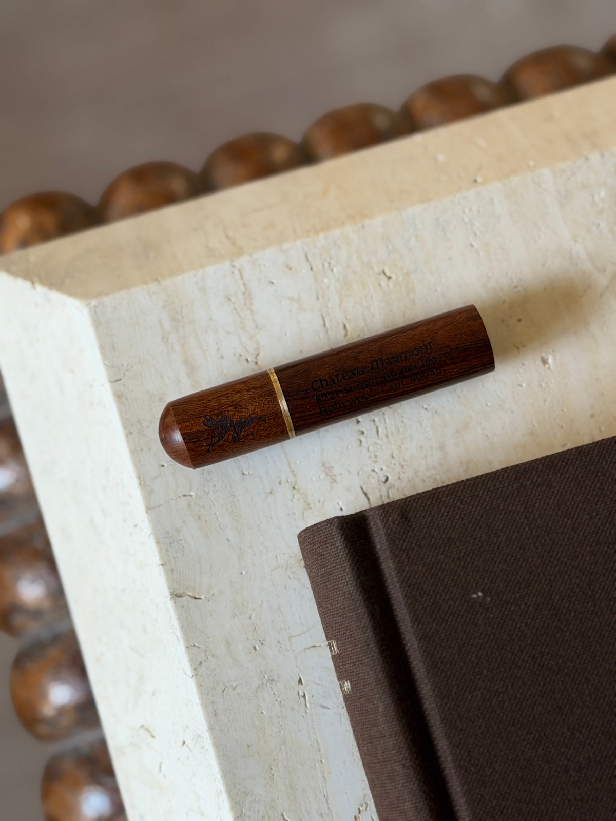 Chateau Marmont wood match and toothpick holder with engraved logo