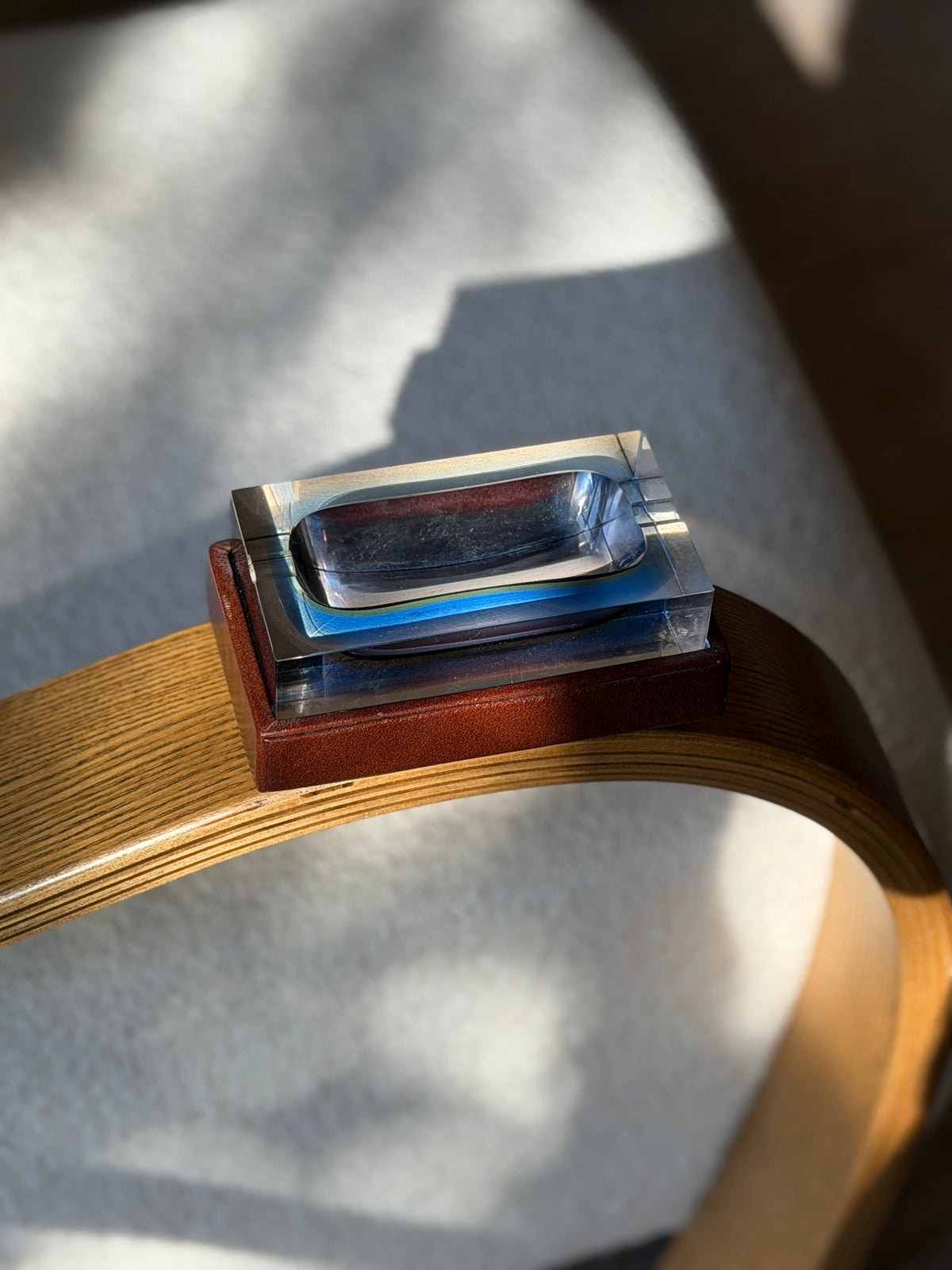 High angle view of 1980s Flavio Poli for Seguso rectangular blue glass Bloc ashtray available at Collectors Gene