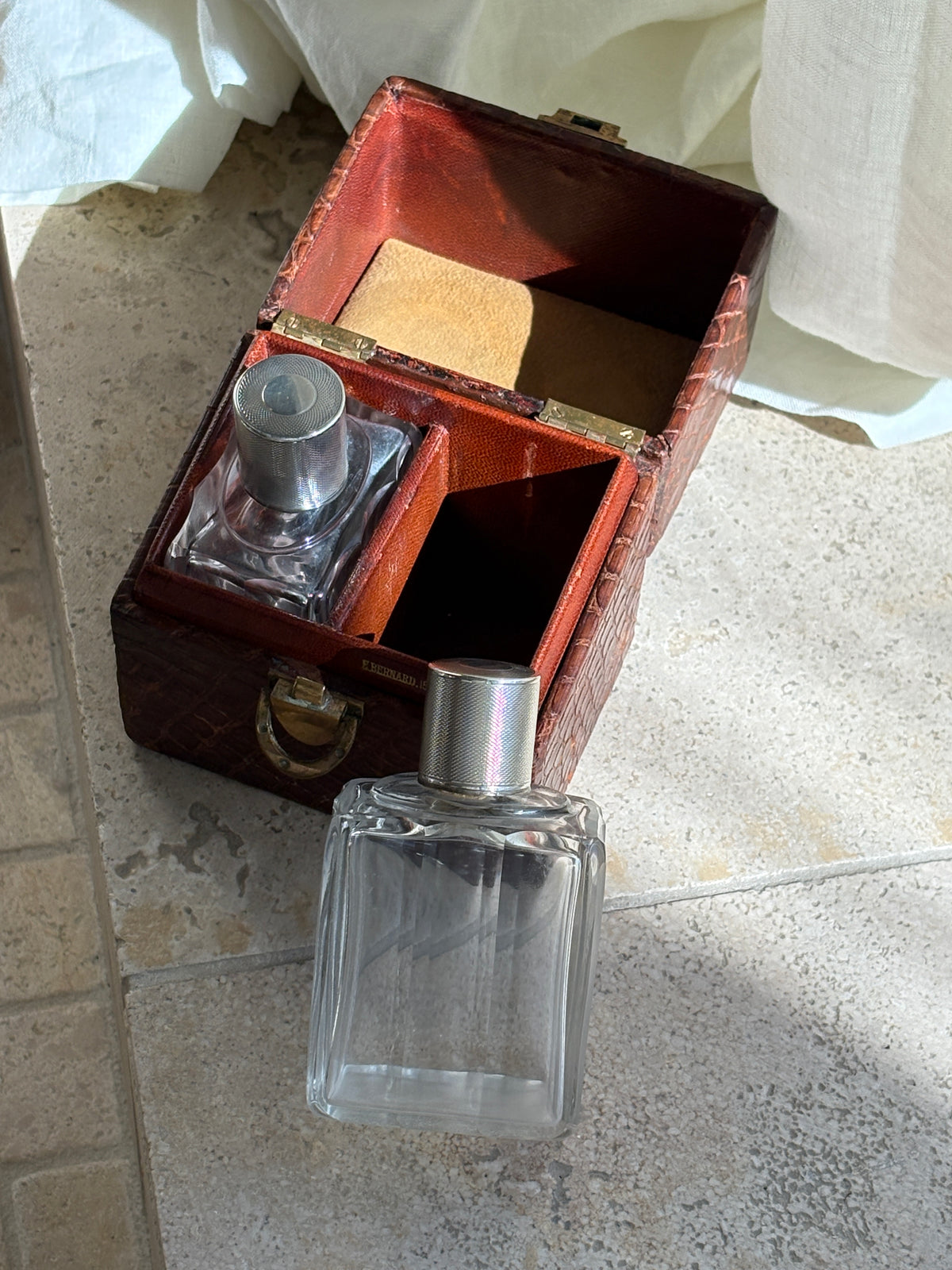 French Vanity Dresser Bottles with Sterling Silver Engine Turned Caps in Original Box - c. 1890 | Collectors Gene