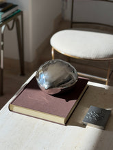 Cartier sterling silver chestnut box with a mirror polished shell and textured tip, resting on a brown clothbound book beside a pewter box with runners in relief