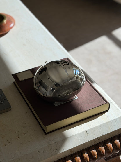 Overhead view of the Cartier sterling chestnut box on a brown book in raking sunlight, the textured shell tip at one side