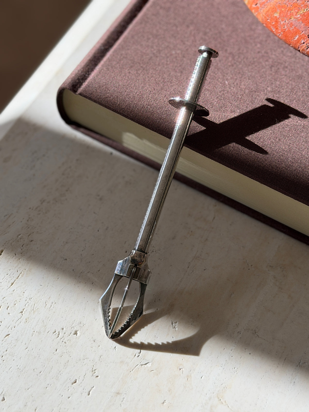Christofle tongs leaning against a brown clothbound book in sunlight, the plunger disc, wavy engine turned shaft, and faceted Art Deco jaws