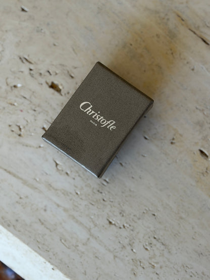 Closed original brown branded Christofle presentation box for Jardin money clip available at Collectors Gene