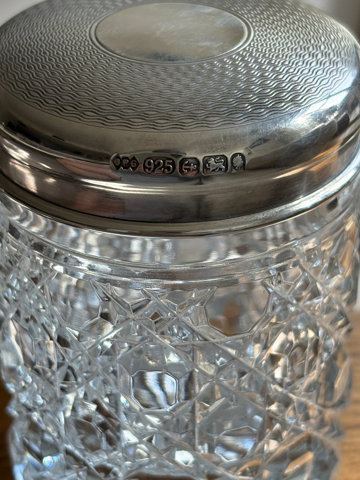 Crystal &amp; Sterling Silver Guilloche Engine Turned Lidded Jar - Birmingham | Collectors Gene