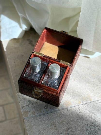 French Vanity Dresser Bottles with Sterling Silver Engine Turned Caps in Original Box - c. 1890 | Collectors Gene