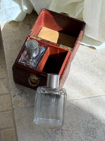 French Vanity Dresser Bottles with Sterling Silver Engine Turned Caps in Original Box - c. 1890 | Collectors Gene