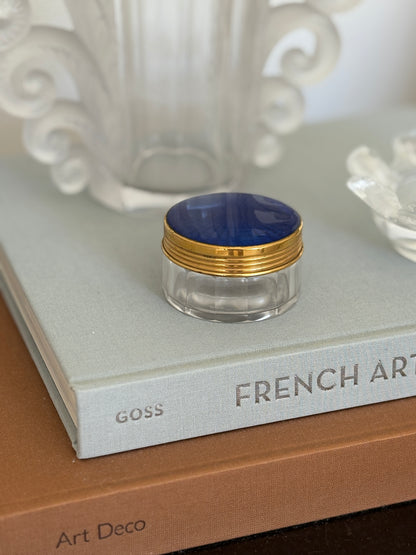 Gold &amp; Blue Enamel Guilloché Vanity Glass Jar | Collectors Gene Vintage Finds