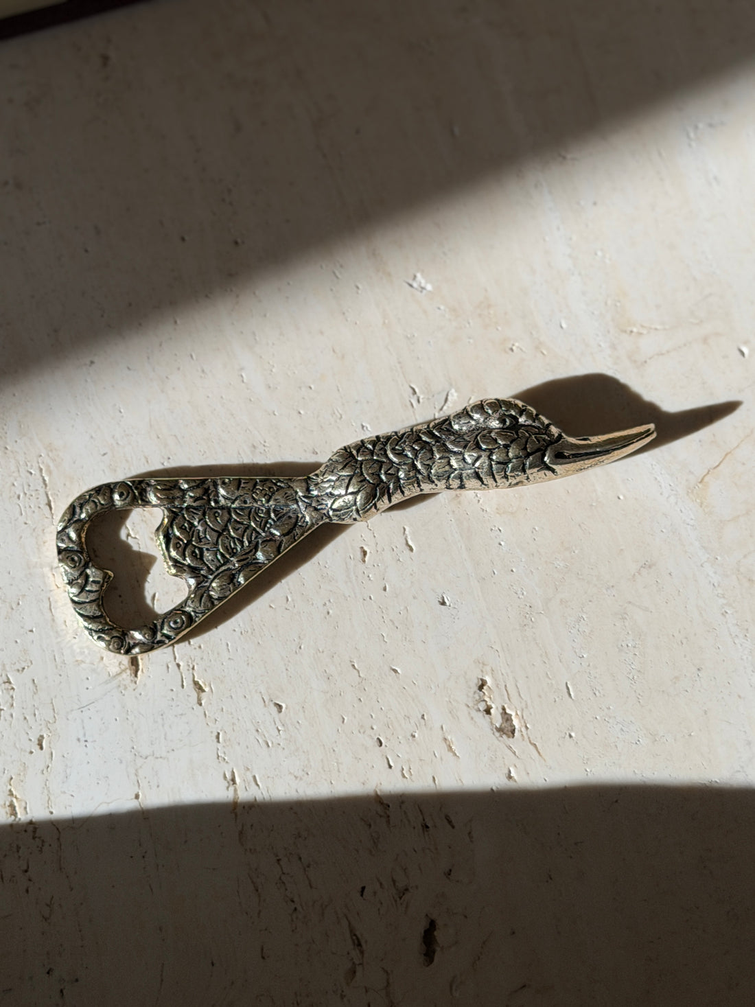Brass duck opener in bright sunlight, the textured feathering and polished bill in sharp relief