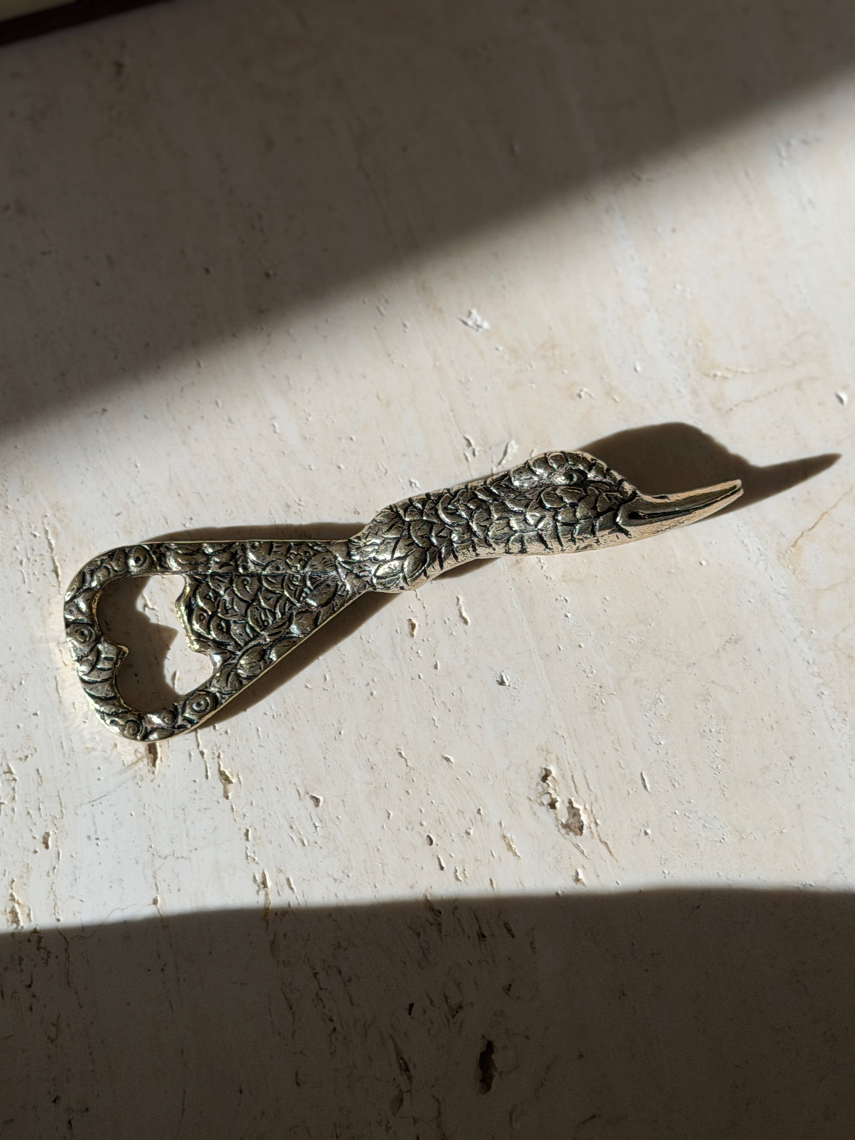 Brass duck opener in bright sunlight, the textured feathering and polished bill in sharp relief