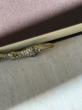 Close up of the duck bill stamped GUCCI ITALY, the feathered head resting beside a brown book