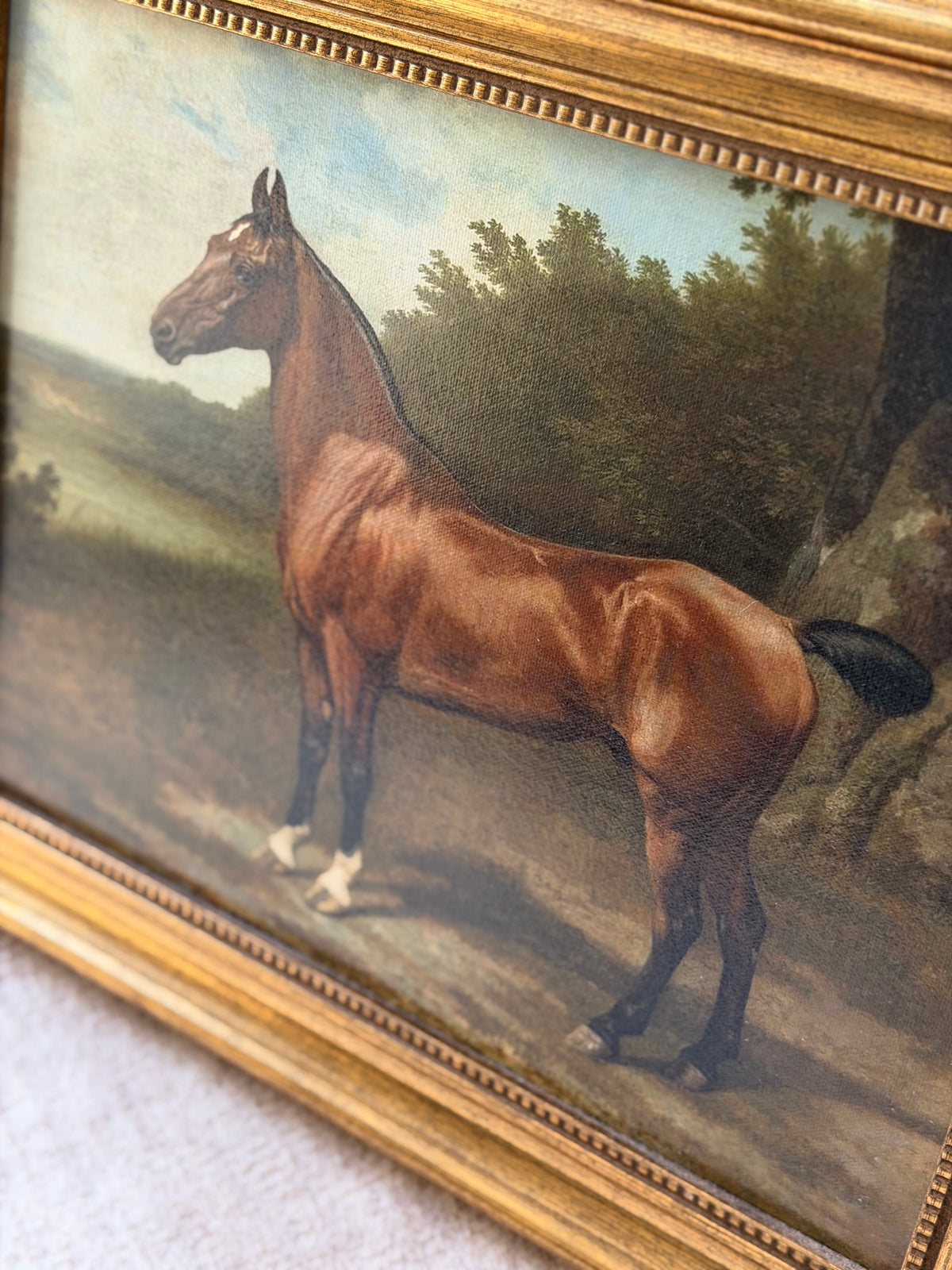 Close angled detail of the bay horse print showing the glossy muscled coat, dark tail, and the beaded gilt frame liner