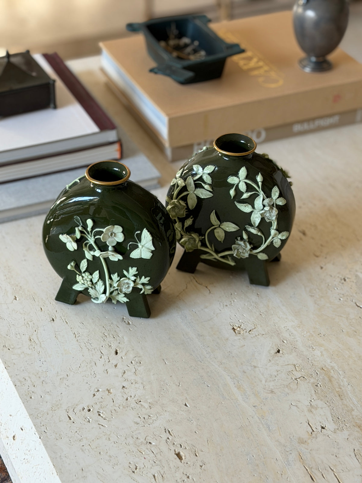 Pair of Vintage English Green Porcelain Moon Flask Vases with Raised Floral Relief | Collectors Gene