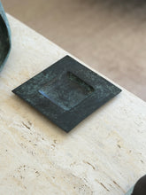 Perspective view showing natural oxidation and charcoal verdigris patina of square bronze desk tray