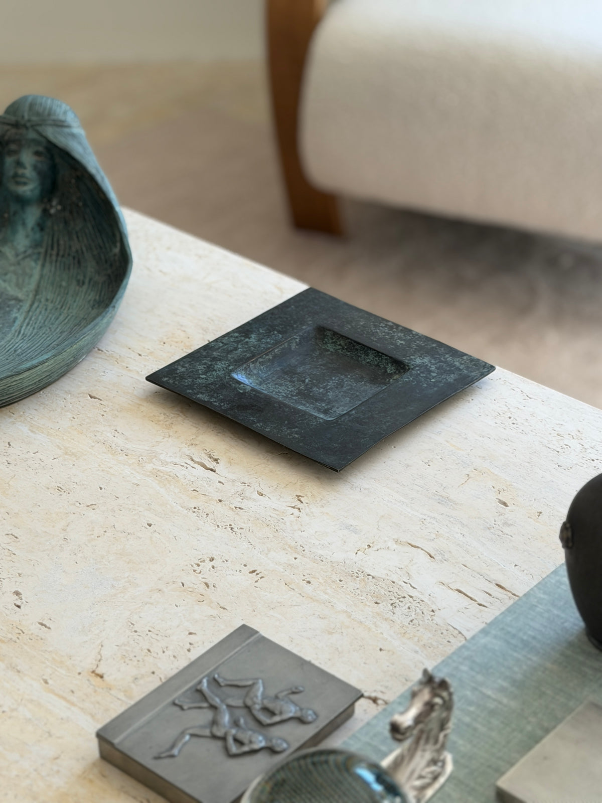Collectors Gene vintage dark bronze square vide poche dish displayed on modern executive side table