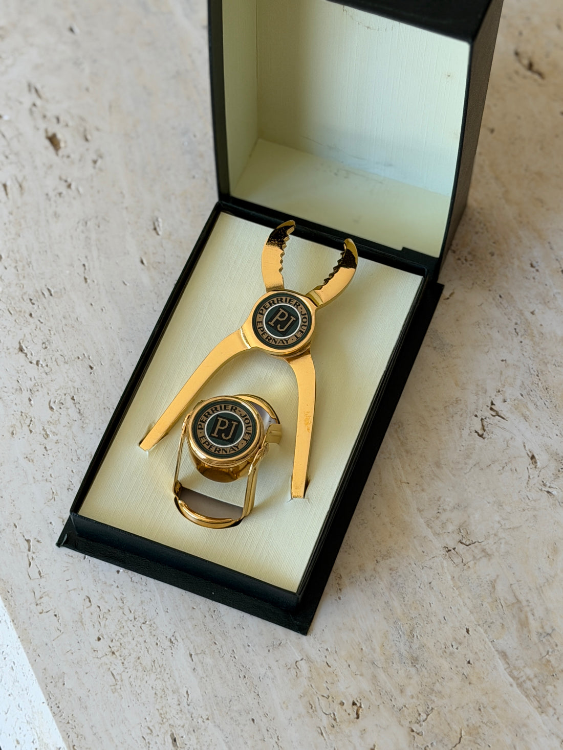 Vintage Perrier-Jouët gold-plated champagne bottle opener and stopper set in original box from Collectors Gene