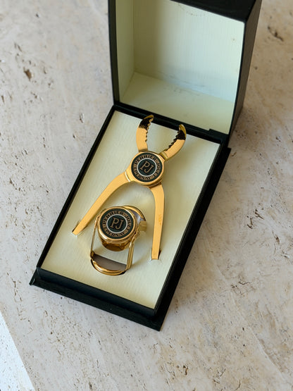 Vintage Perrier-Jouët gold-plated champagne bottle opener and stopper set in original box from Collectors Gene