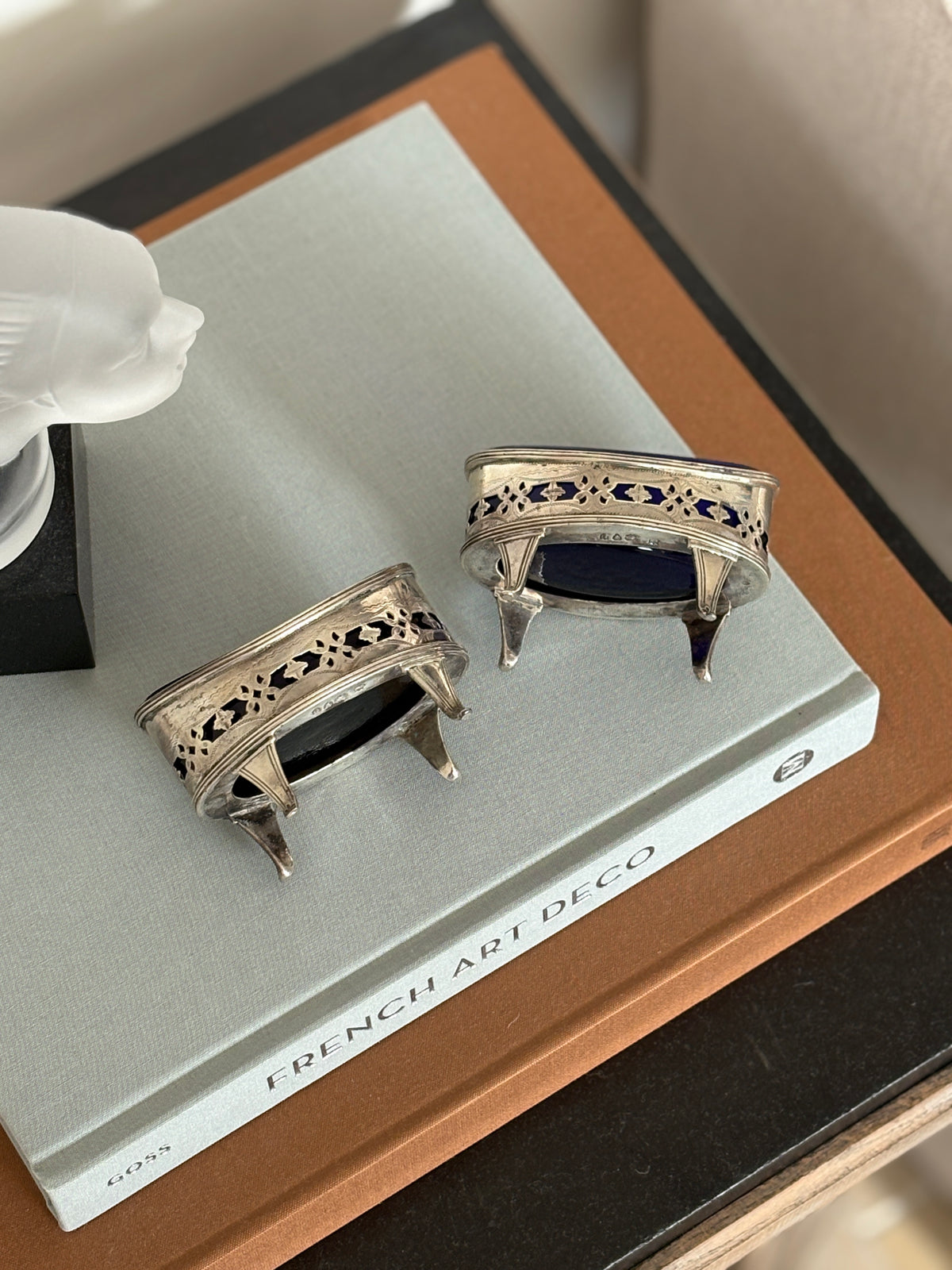 Victorian Salt Cellars with Decorated Piercing &amp; Cobalt Liners in Sterling Silver by Thomas Bradbury &amp; Sons - London, Late 19th Century | Collectors Gene