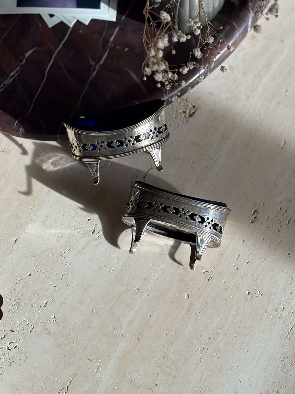Victorian Salt Cellars with Decorated Piercing &amp; Cobalt Liners in Sterling Silver by Thomas Bradbury &amp; Sons - London, Late 19th Century | Collectors Gene